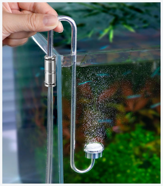 Clscea aquarium stainless steel CO2 diffuser front view hanging on a rimless fish tank edge.