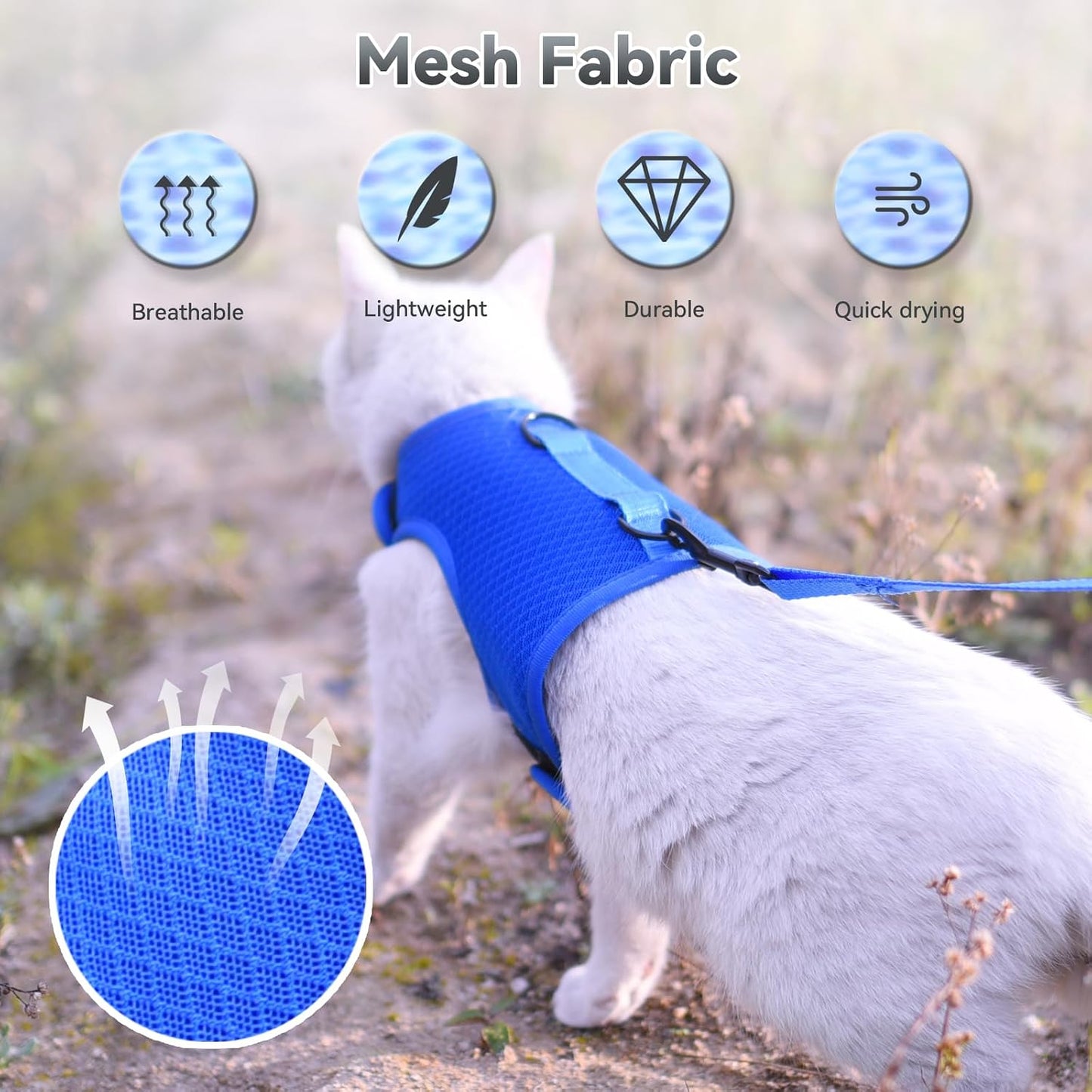Breathable air mesh cat walking harness showing hook and loop closure