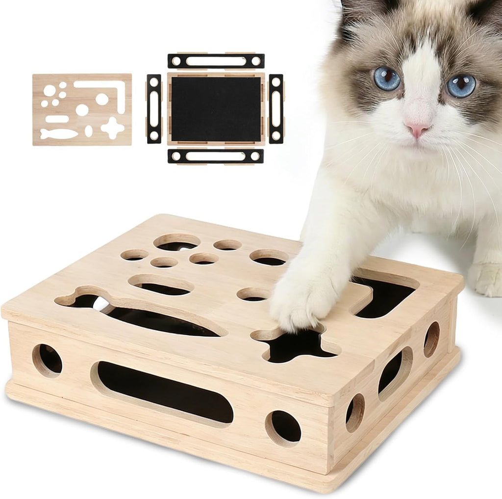 MB MBEAU Cat Scratch Puzzle Enrichment Box front view showing premium solid wood panels.