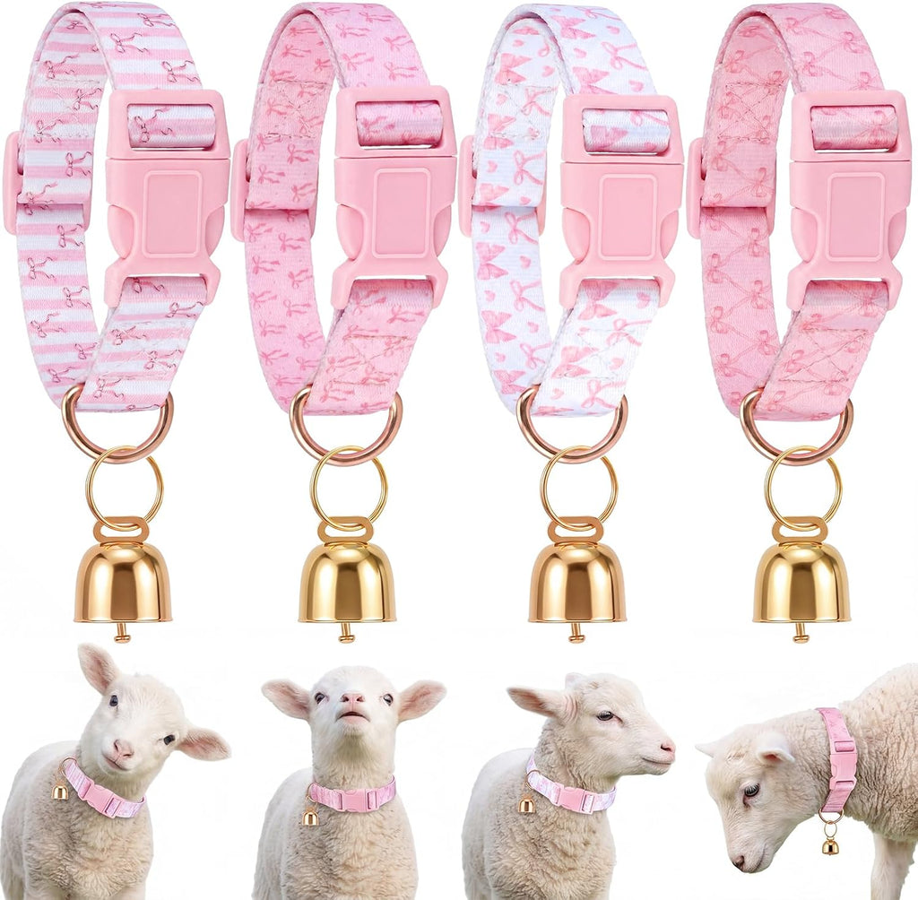 Yeyeplum four pack goat collars with bells front view showcasing the pink bow pattern nylon straps and attached copper grazing bells.