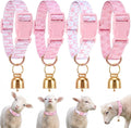 Yeyeplum four pack goat collars with bells front view showcasing the pink bow pattern nylon straps and attached copper grazing bells.
