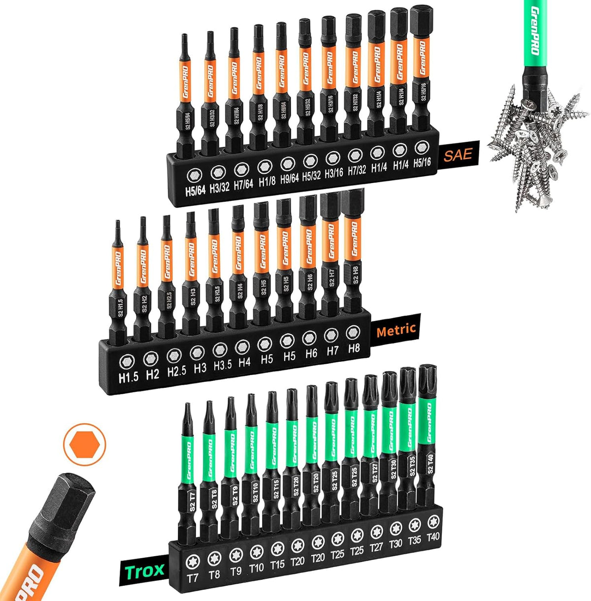 GRENPRO Allen Wrench Drill Bit Set 22pcs Hex Bit SetImpact Driver Bit SetScrewdriver Bit SetAllen Wrenches SetsAllen Socket Set4" Long Metric&SAE 1/4" Hex Shank Magnetic Allen Key Drill Bits Sets - Image 12