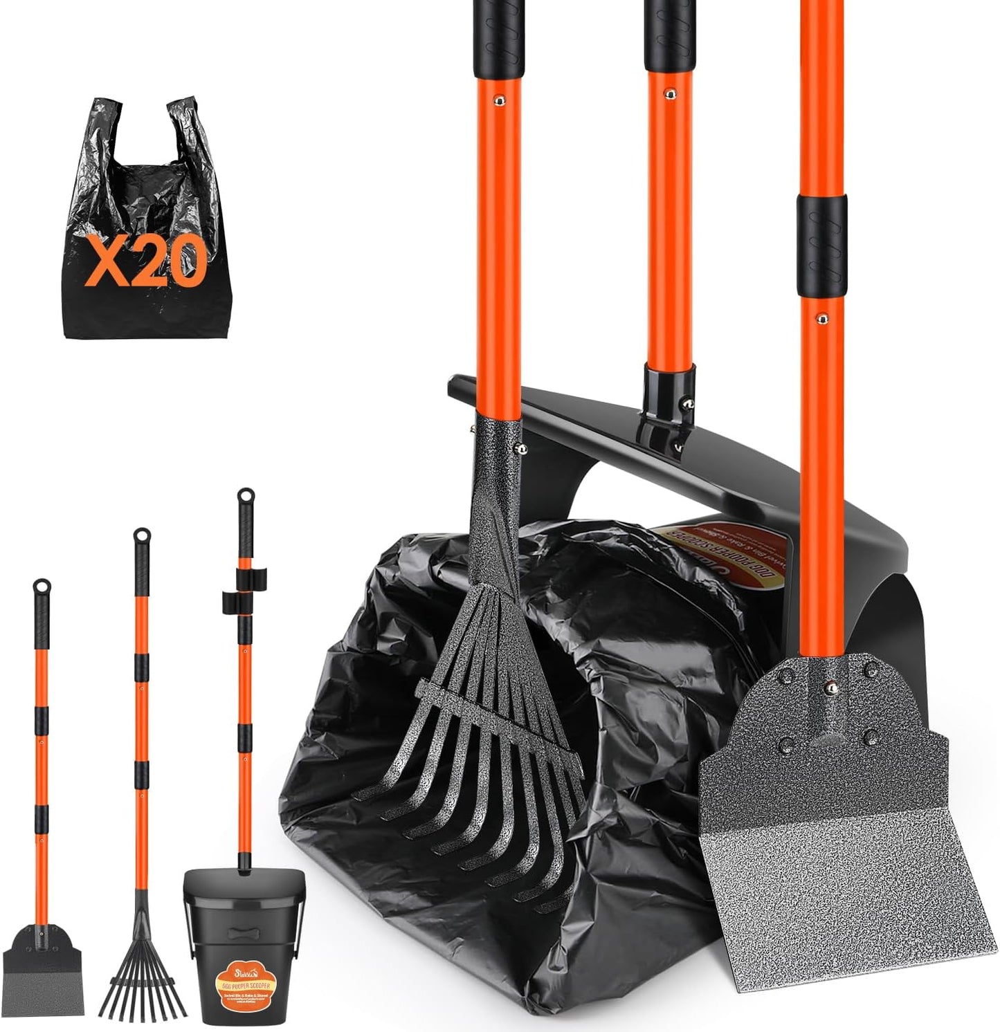 SlowTon dog pooper scooper set front view showing long handle metal rake and swivel bin
