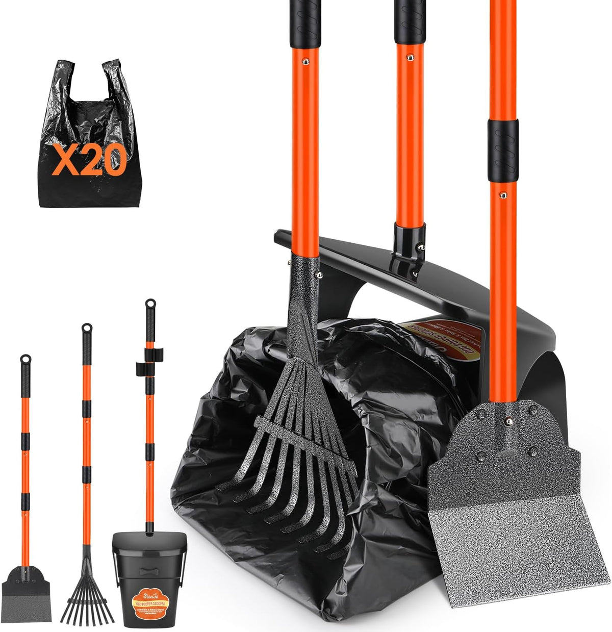 SlowTon dog pooper scooper set front view showing long handle metal rake and swivel bin