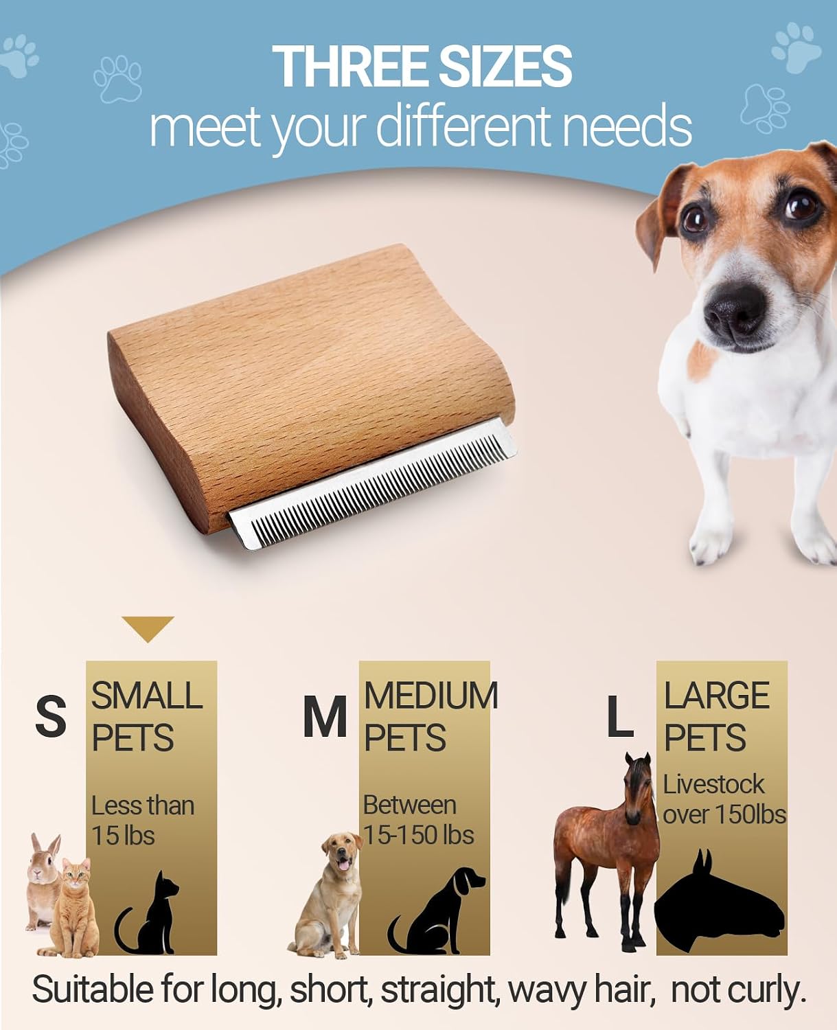 KAIFONG wooden pet hair removal tool being used on a shedding cat