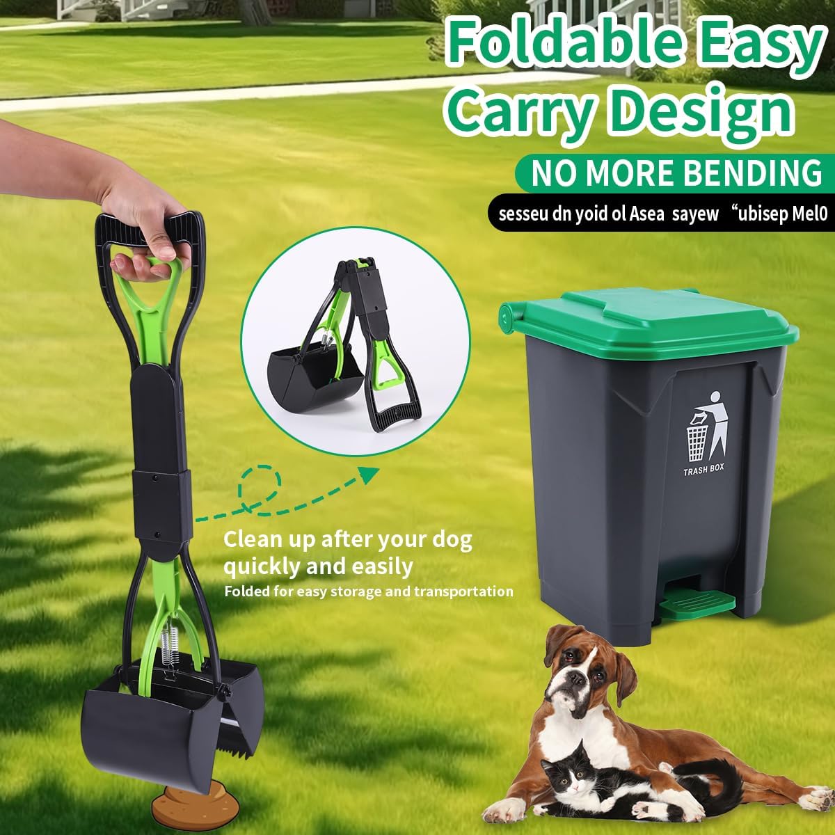 Durable dog waste scooper picking up messes from backyard grass easily.