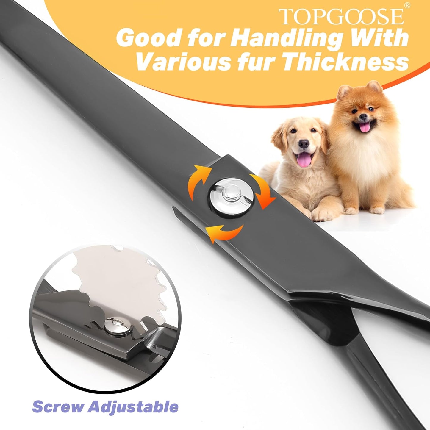 Topgoose black dog grooming scissor ergonomic handle design illustrating the built-in finger rest.