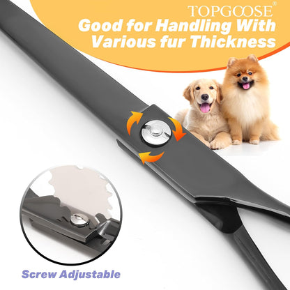 Topgoose black dog grooming scissor ergonomic handle design illustrating the built-in finger rest.
