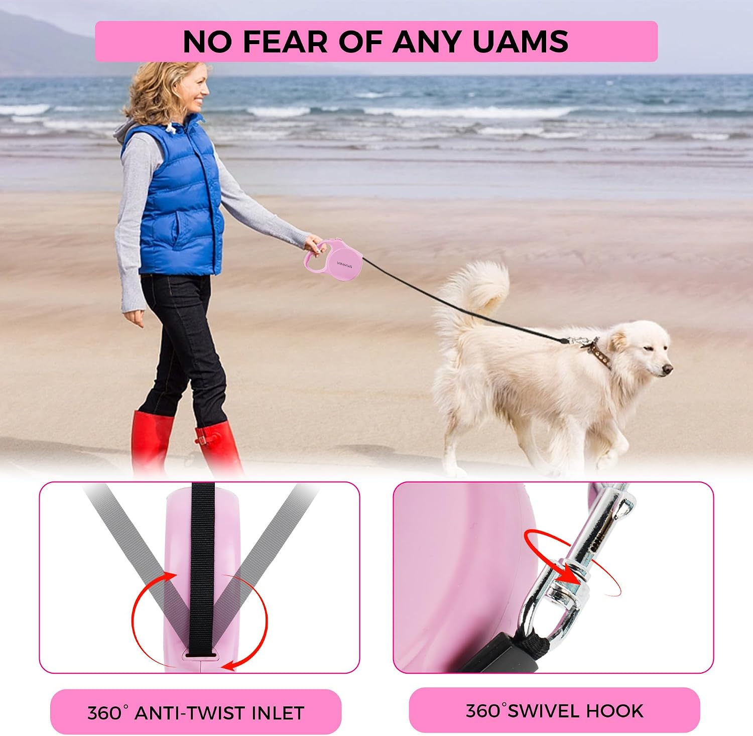 Owngain tangle free pink pet leash with 360 degree swivel hook closeup.