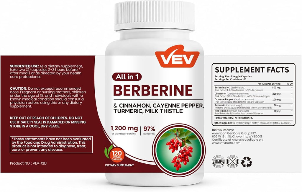 VEV Berberine Supplement with Ceylon Cinnamon, Cayenne Pepper, 120 Capsules - Image 2