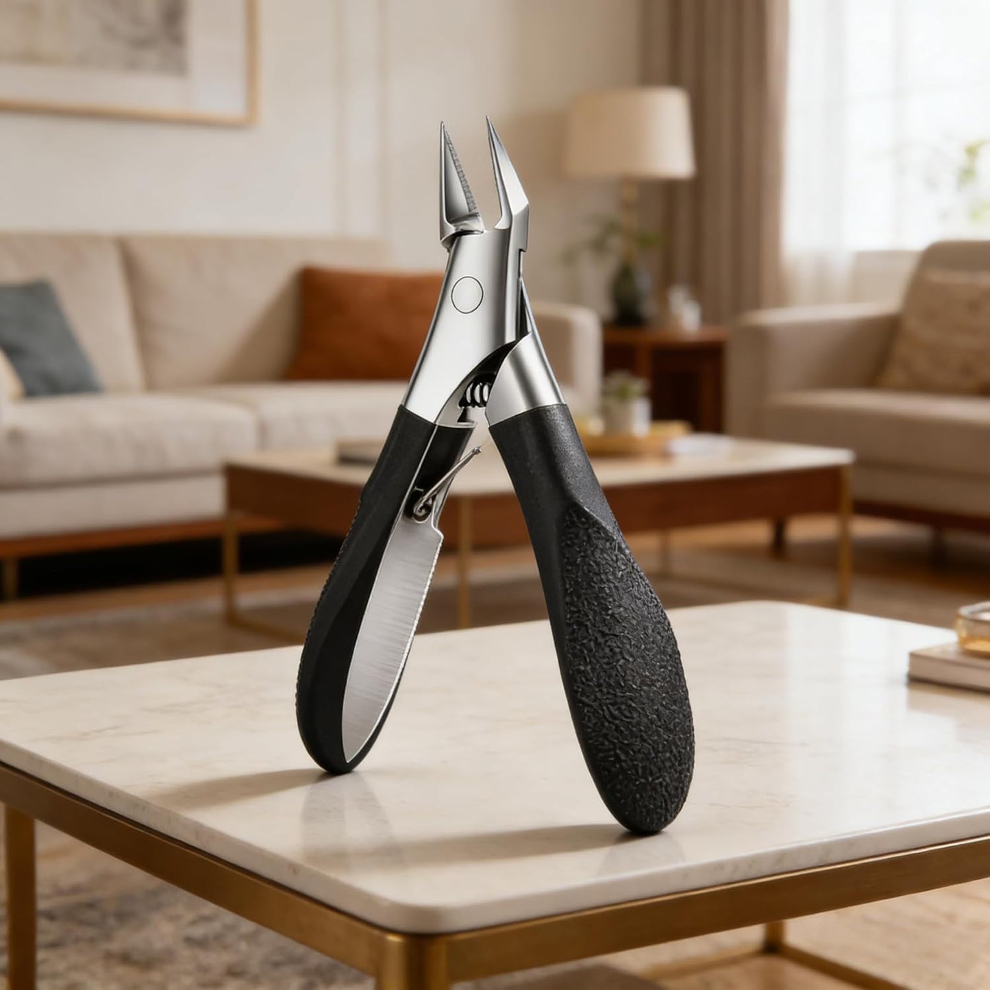 JAYDEEP@2008 ingrown toenail clippers front view displaying the sharp stainless steel blades and black rubber handle.
