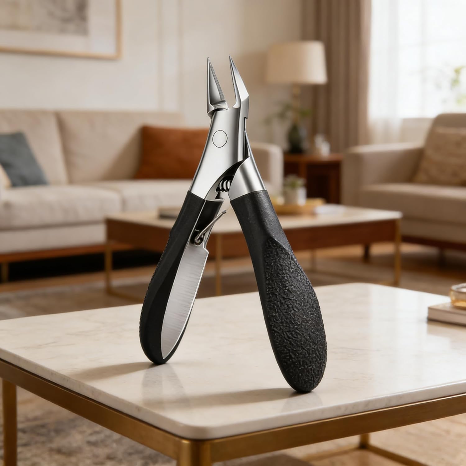 JAYDEEP@2008 ingrown toenail clippers front view displaying the sharp stainless steel blades and black rubber handle.