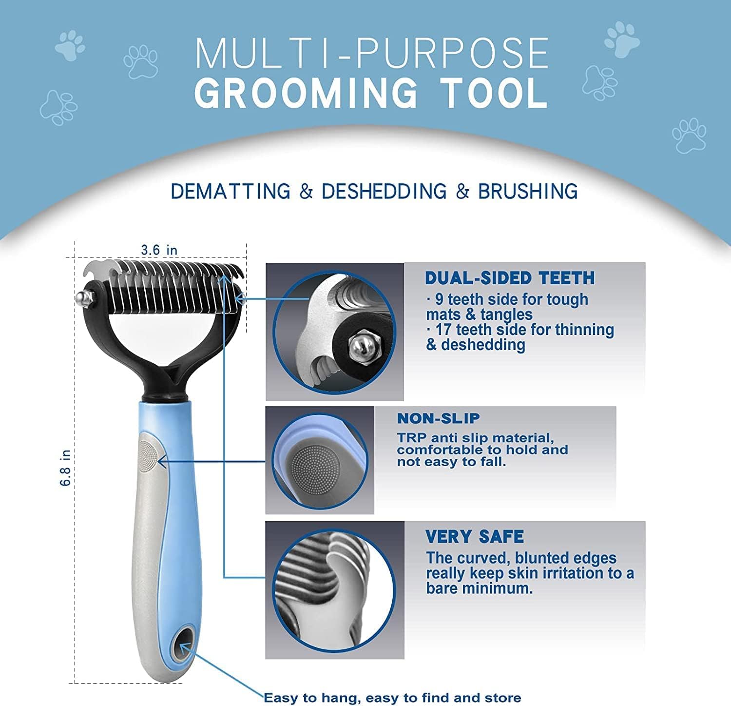 Blue and grey pet grooming tool ergonomic handle
