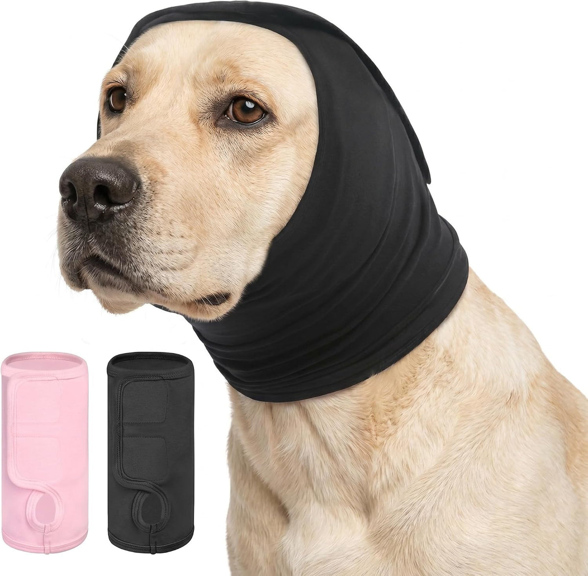 KOESON Dog Calming Hoodie front view on a golden retriever protecting ears from loud noises.