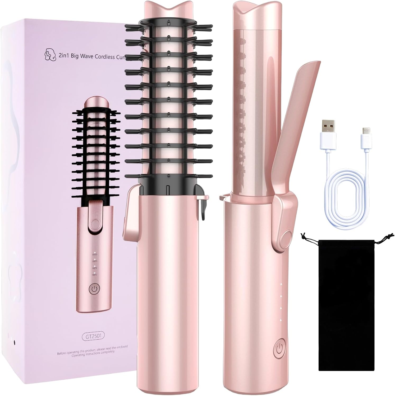 CAKKA cordless curling iron brush front view showcasing rose gold details
