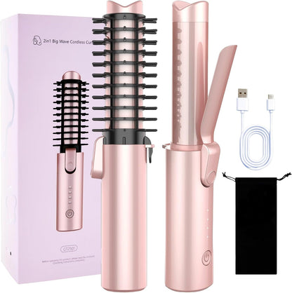 CAKKA cordless curling iron brush front view showcasing rose gold details