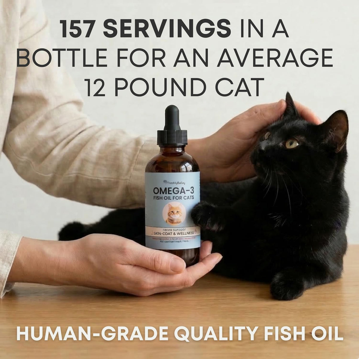 Freshly Bailey human grade cat omega 3 skin and coat supplement bottle