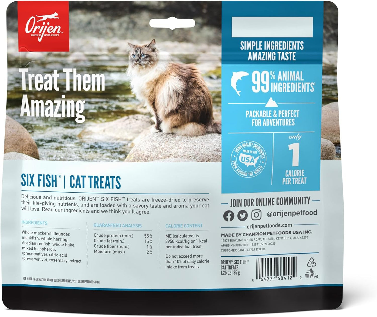 Orijen grain free raw animal ingredients cat treats back label showing fish ingredients.