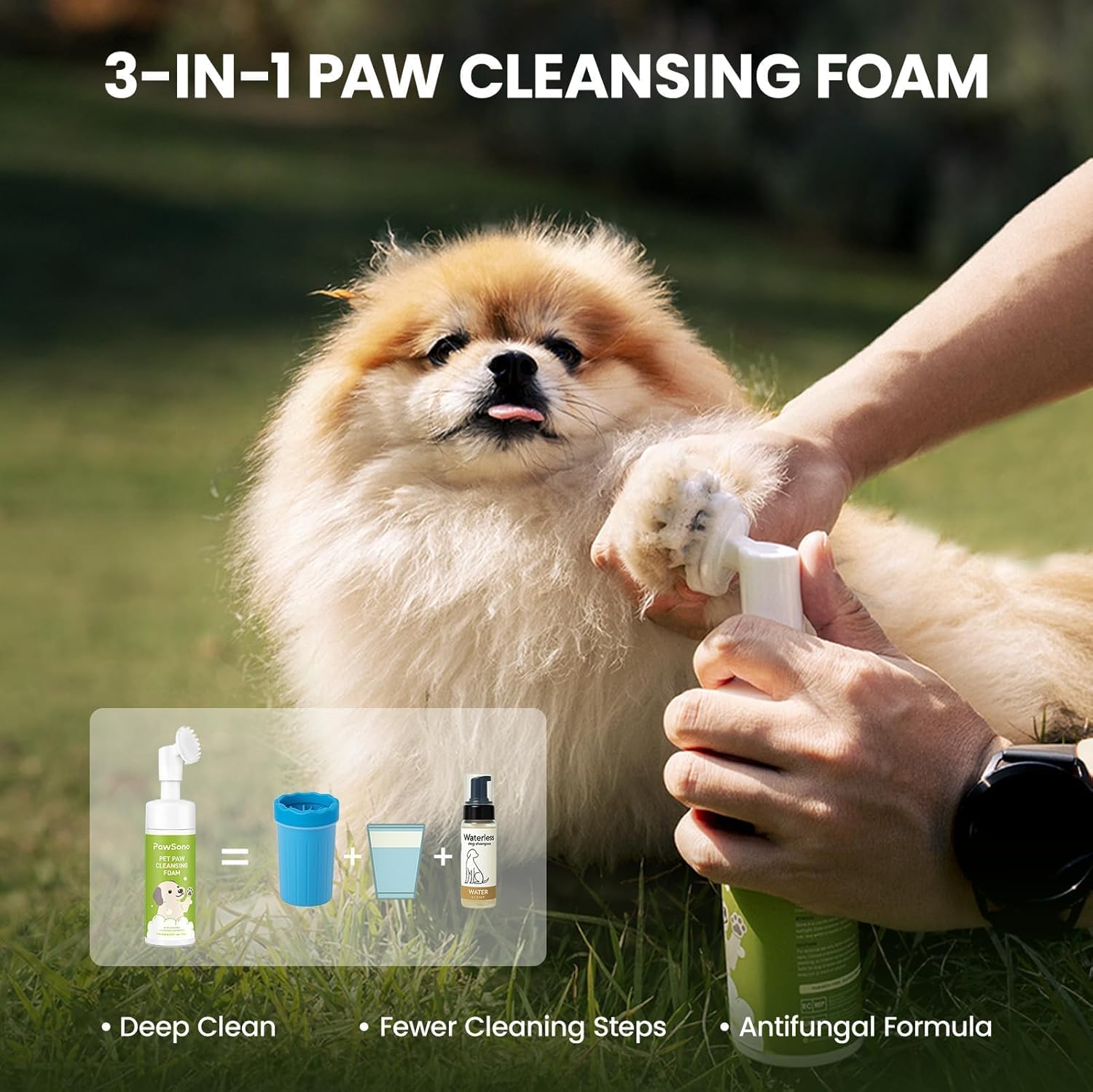 PawSono pet paw cleanser bottle showing silicone brush head