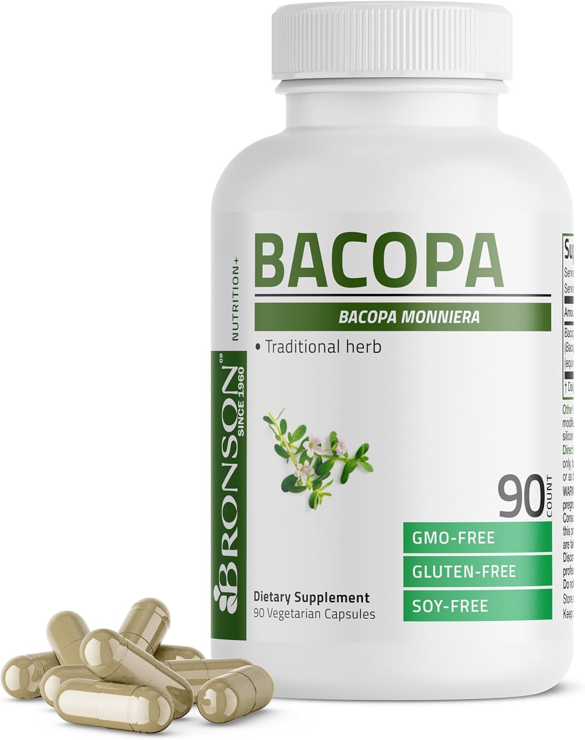 Bronson Bacopa 90 vegetarian capsules front bottle view for healthy brain function.