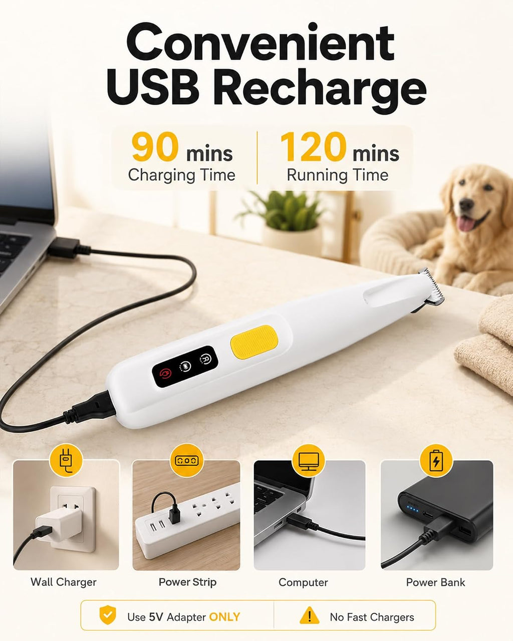 Furbona cordless pet hair trimmer highlighting the detailed charging indicator.