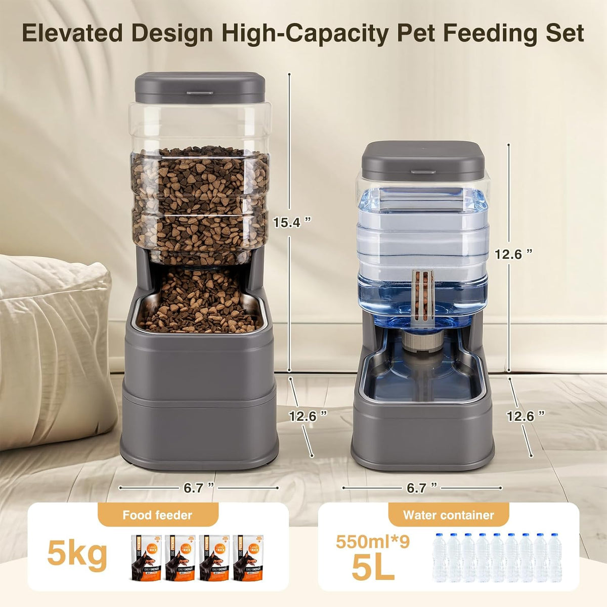 Pawzone gravity pet food feeder and waterer set with adjustable raised base for medium dogs.