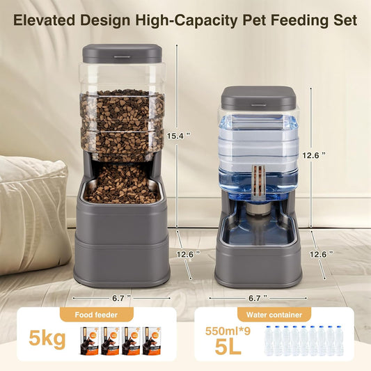 Pawzone gravity pet food feeder and waterer set with adjustable raised base for medium dogs.