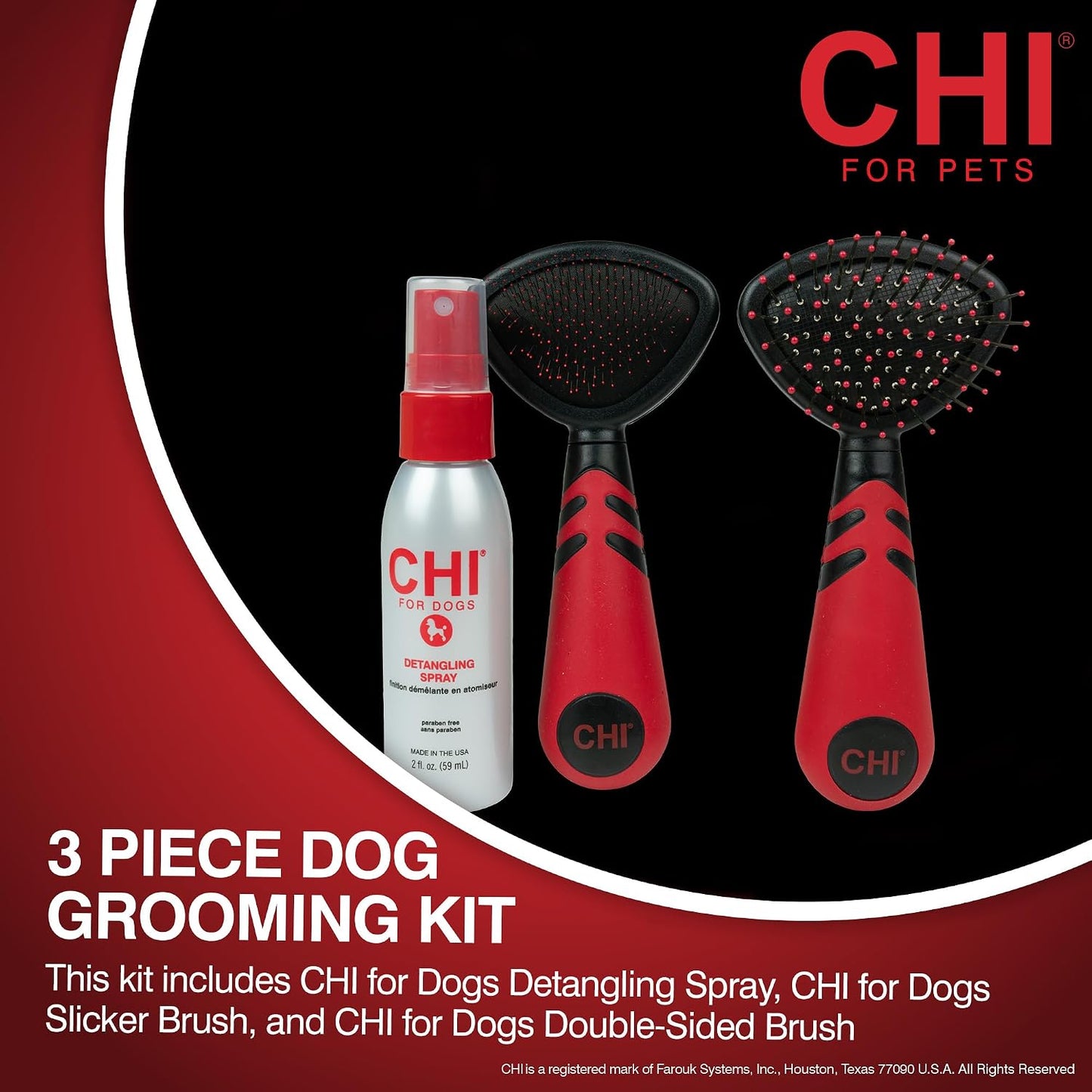 CHI Small Dog Detangling spray bottle next to the double sided pin and bristle brush