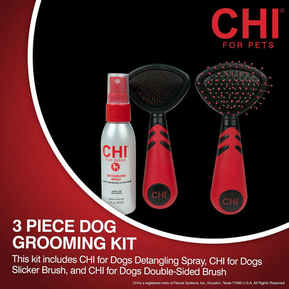 CHI Small Dog Detangling spray bottle next to the double sided pin and bristle brush