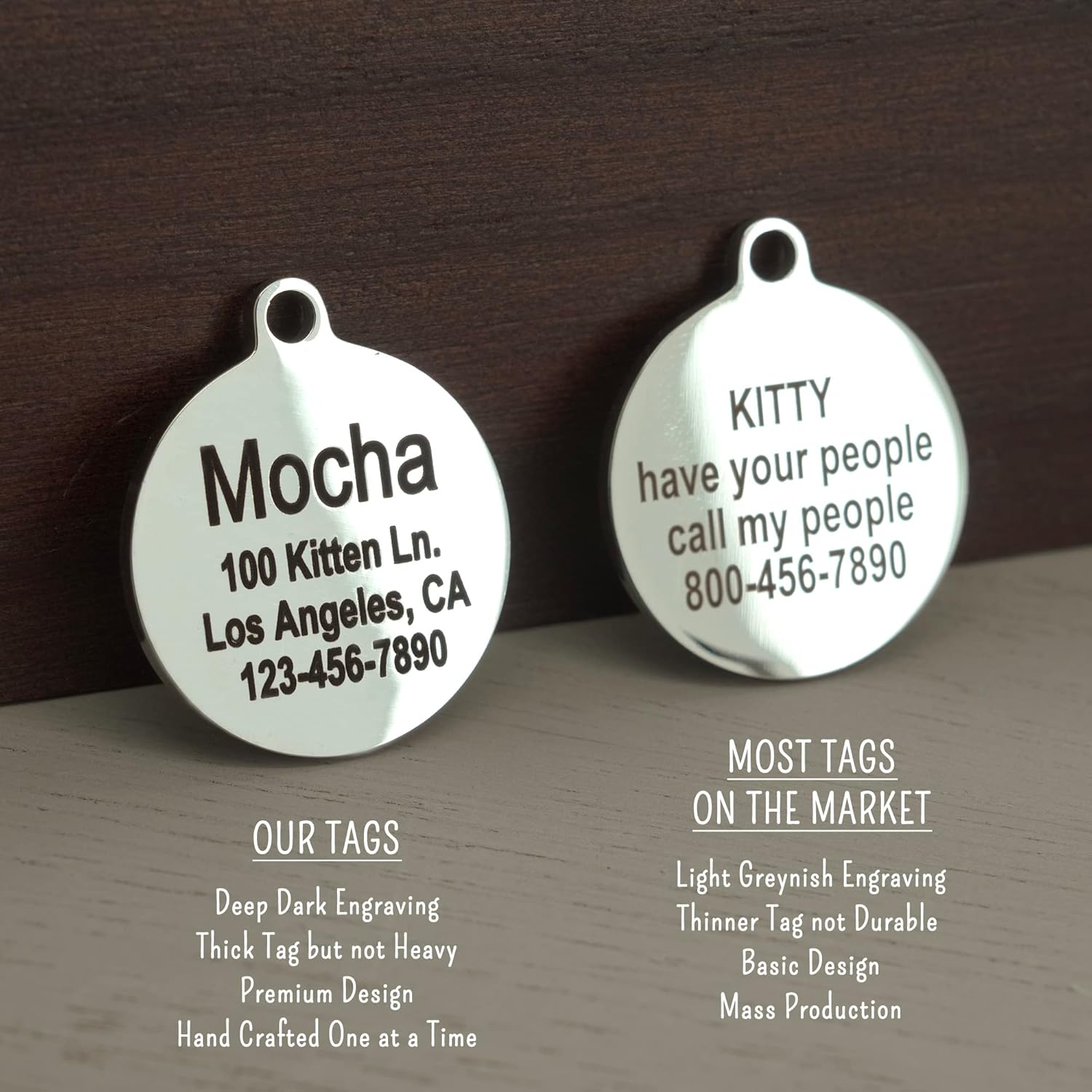 Ultra Joys premium lightweight identification tag illustrating the rust resistant polished metal finish