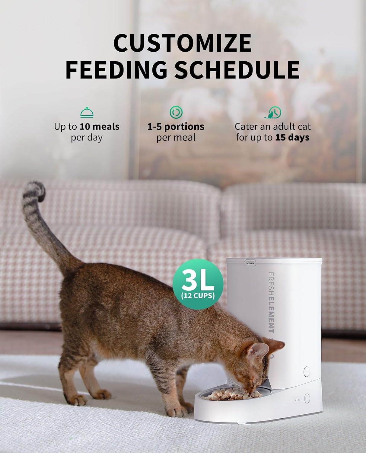 App controlled automatic dog food dispenser highlighting the top locking lid