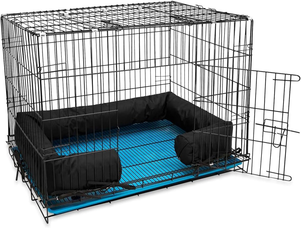 Happy Howls dog crate bumper front view inside a black metal wire cage.
