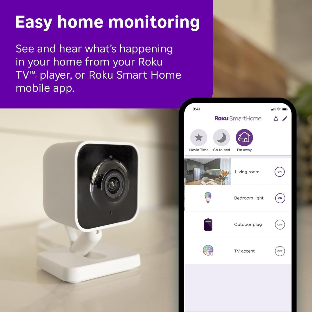 Two white Roku indoor security cameras side by side