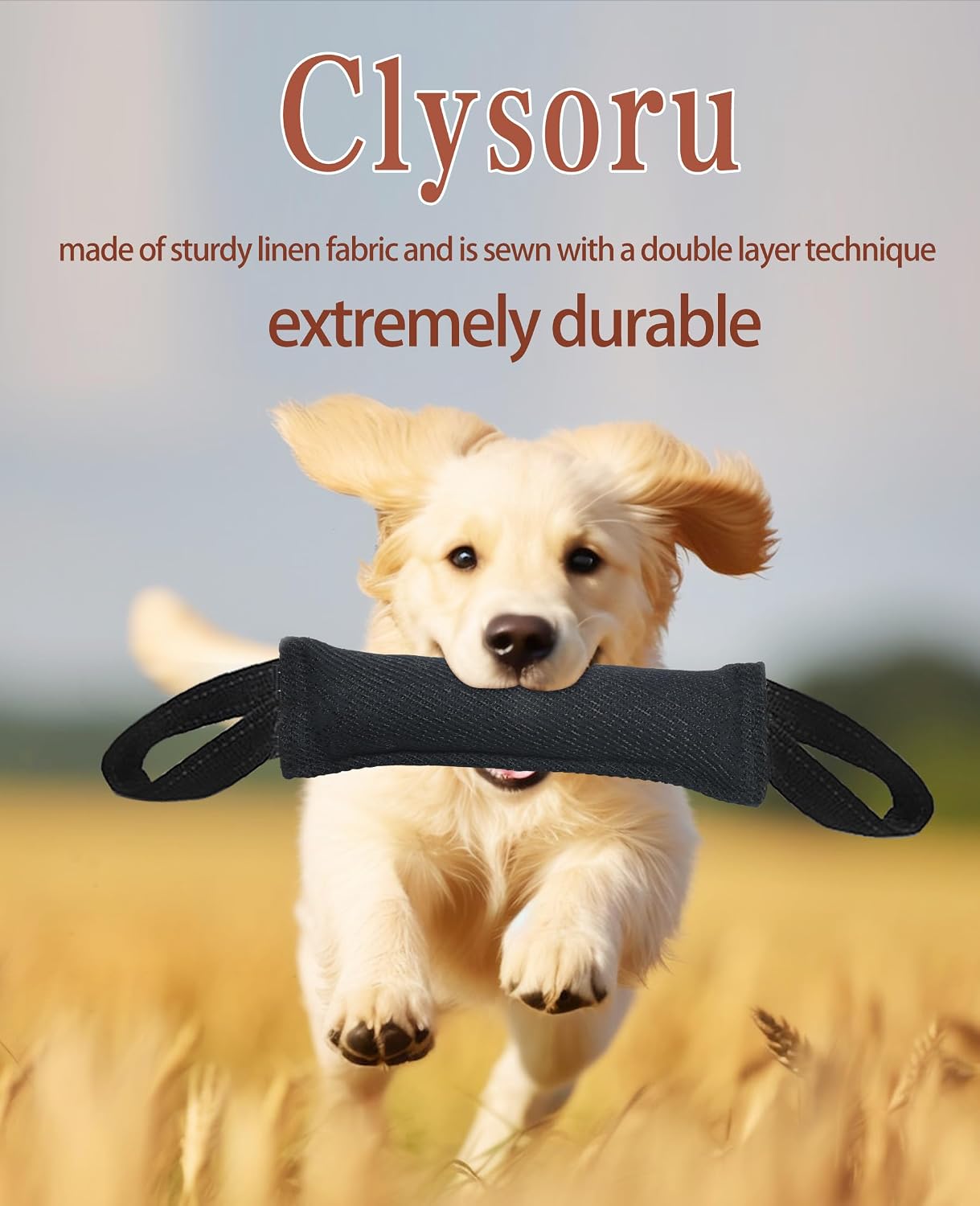 Close up view of the tear resistant French linen material on the Clysoru dog training toy.