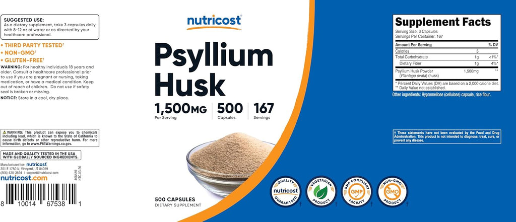 Nutricost Psyllium Husk gluten free and non GMO certification text on bottle