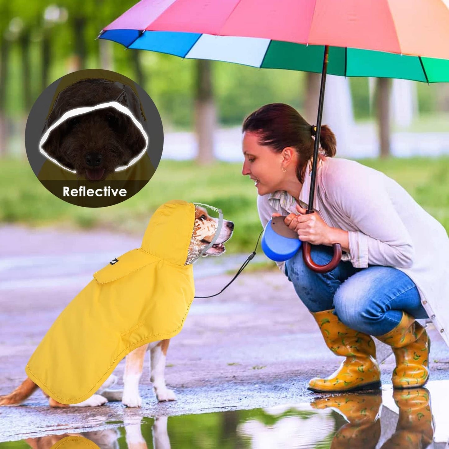 Large size yellow dog raincoat with adjustable belly straps