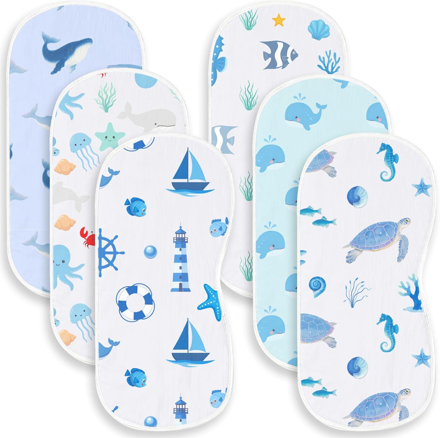 Nintara Baby 6 pack blue ocean animals burp cloths front view showing whale and turtle prints