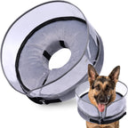 BARKLESS inflatable dog cone front view showing soft grey donut cushion on a large breed dog