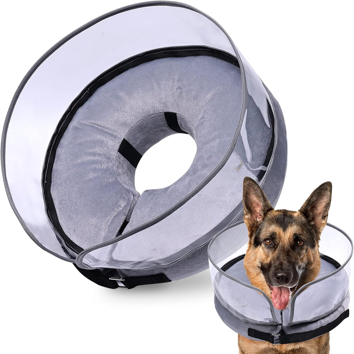 BARKLESS inflatable dog cone front view showing soft grey donut cushion on a large breed dog