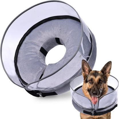 BARKLESS inflatable dog cone front view showing soft grey donut cushion on a large breed dog
