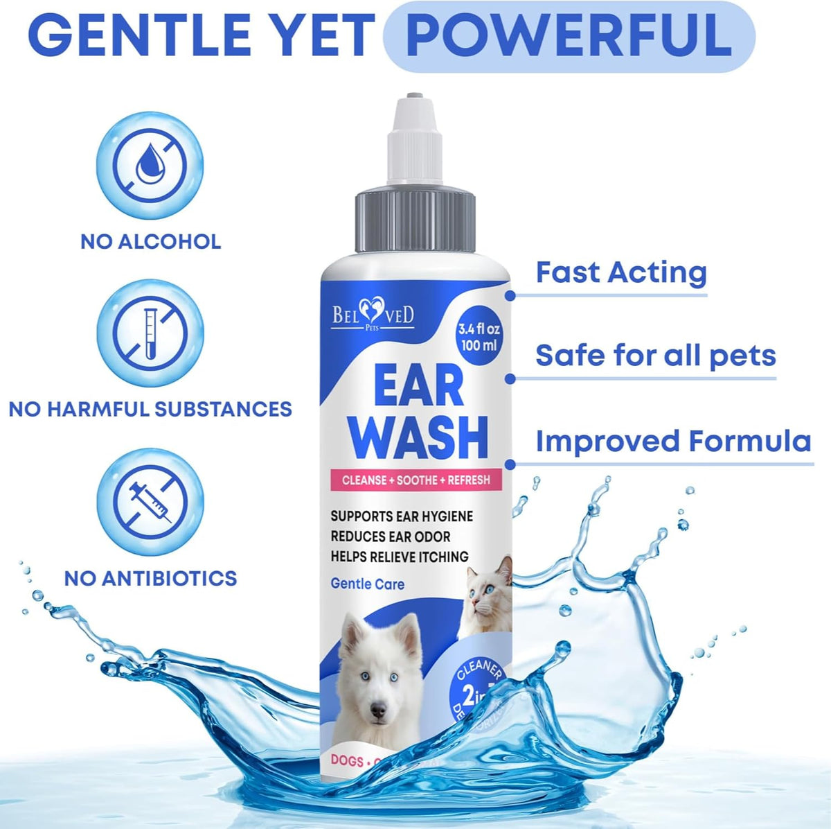 Back label of Beloved Pets ear cleaner showing ingredients and instructions