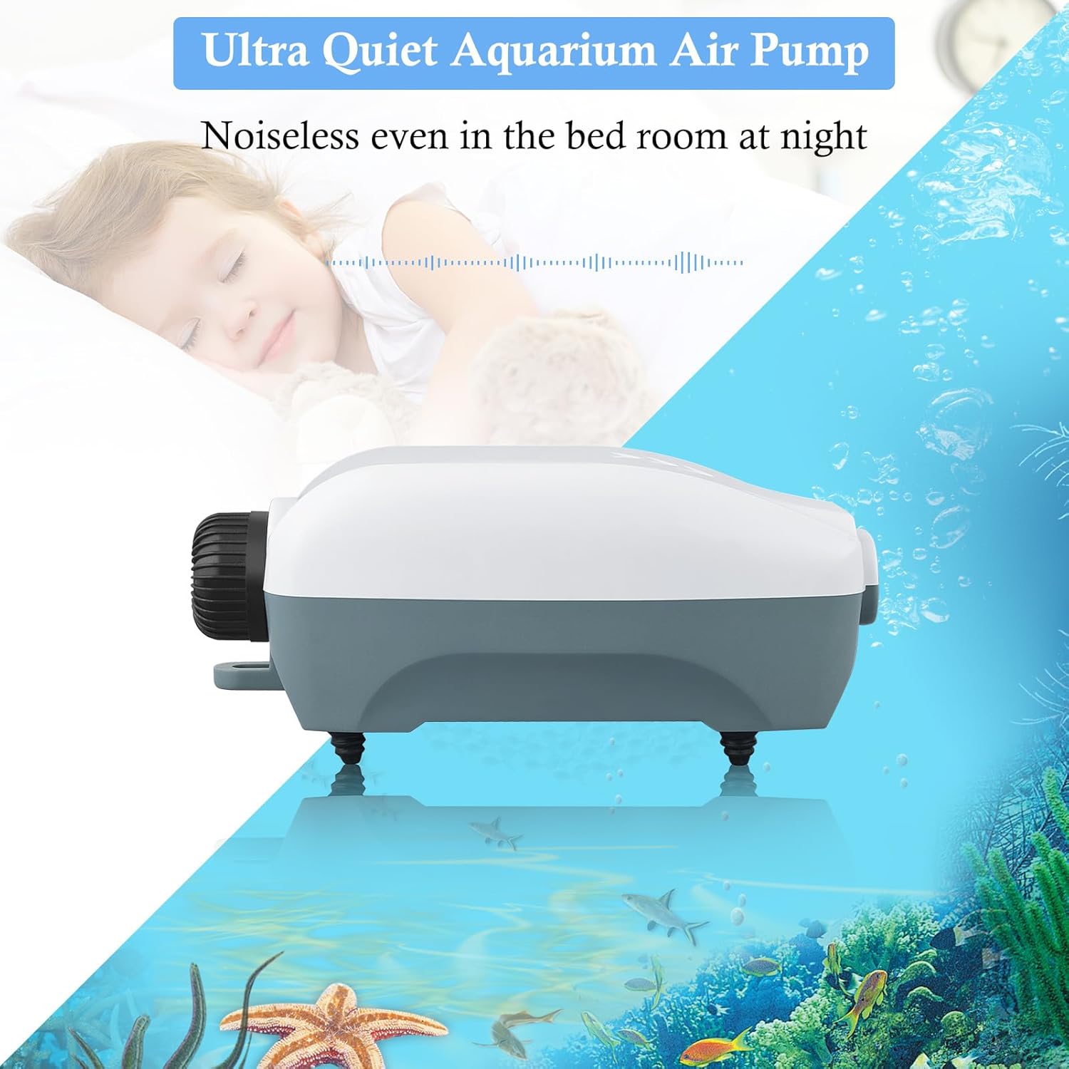 Close up of Hitop aquarium pump air outlets and tubing connection
