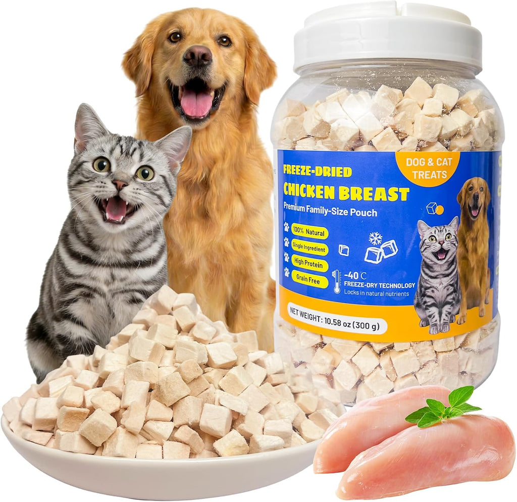 Pure boneless chicken breast dehydrated treats suitable for food sensitive pets.