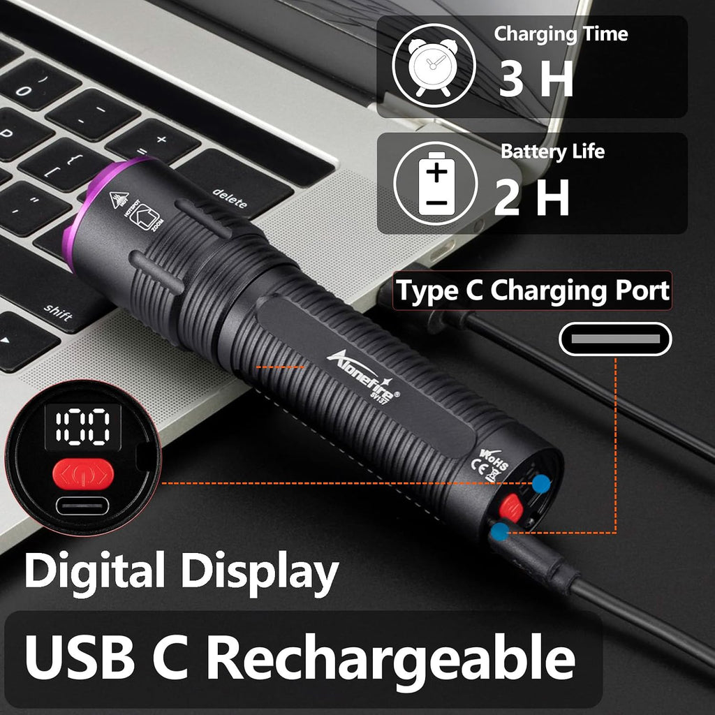 Close up of the USB-C charging port on the Alonefire SV137 pet urine detector flashlight.