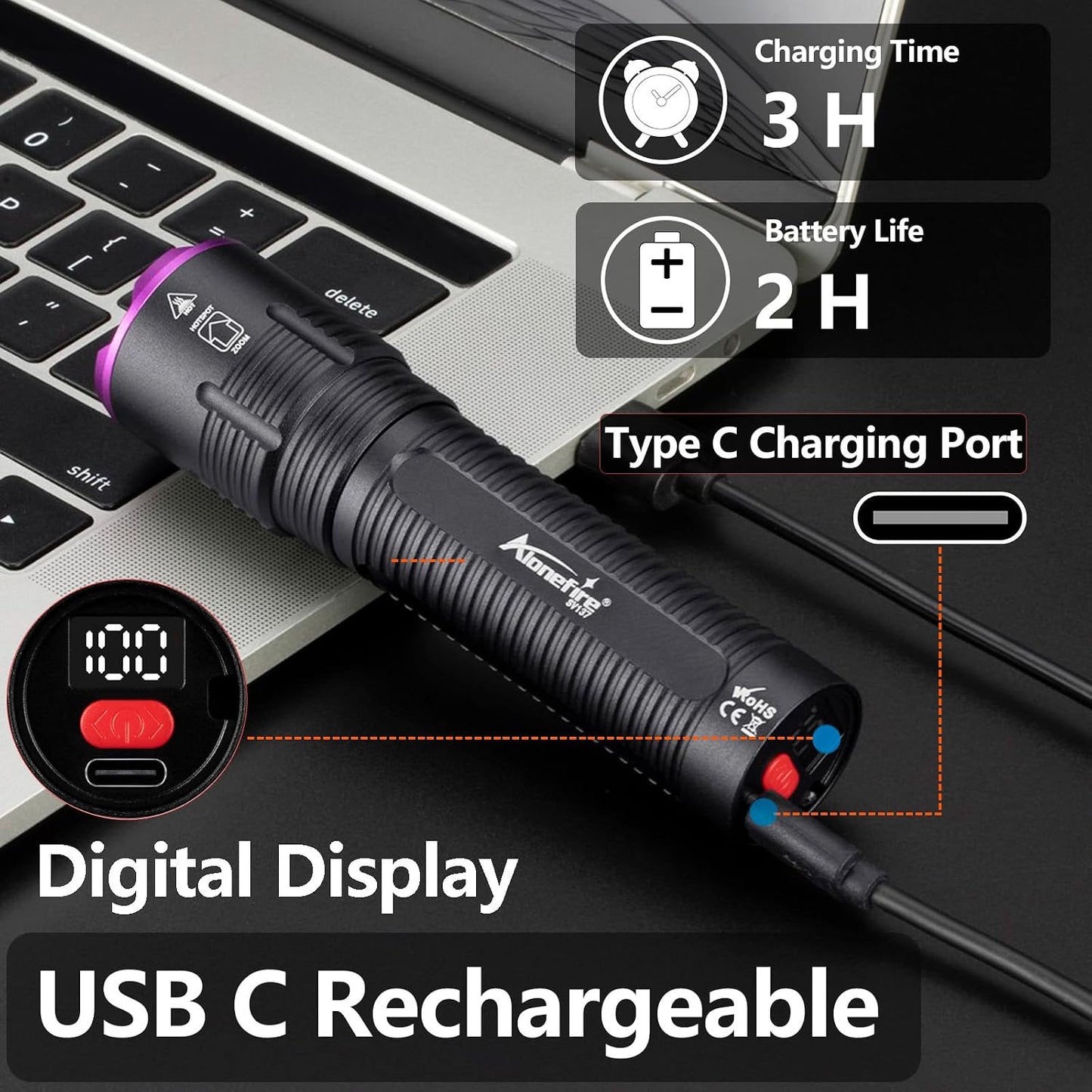 Close up of the USB-C charging port on the Alonefire SV137 pet urine detector flashlight.