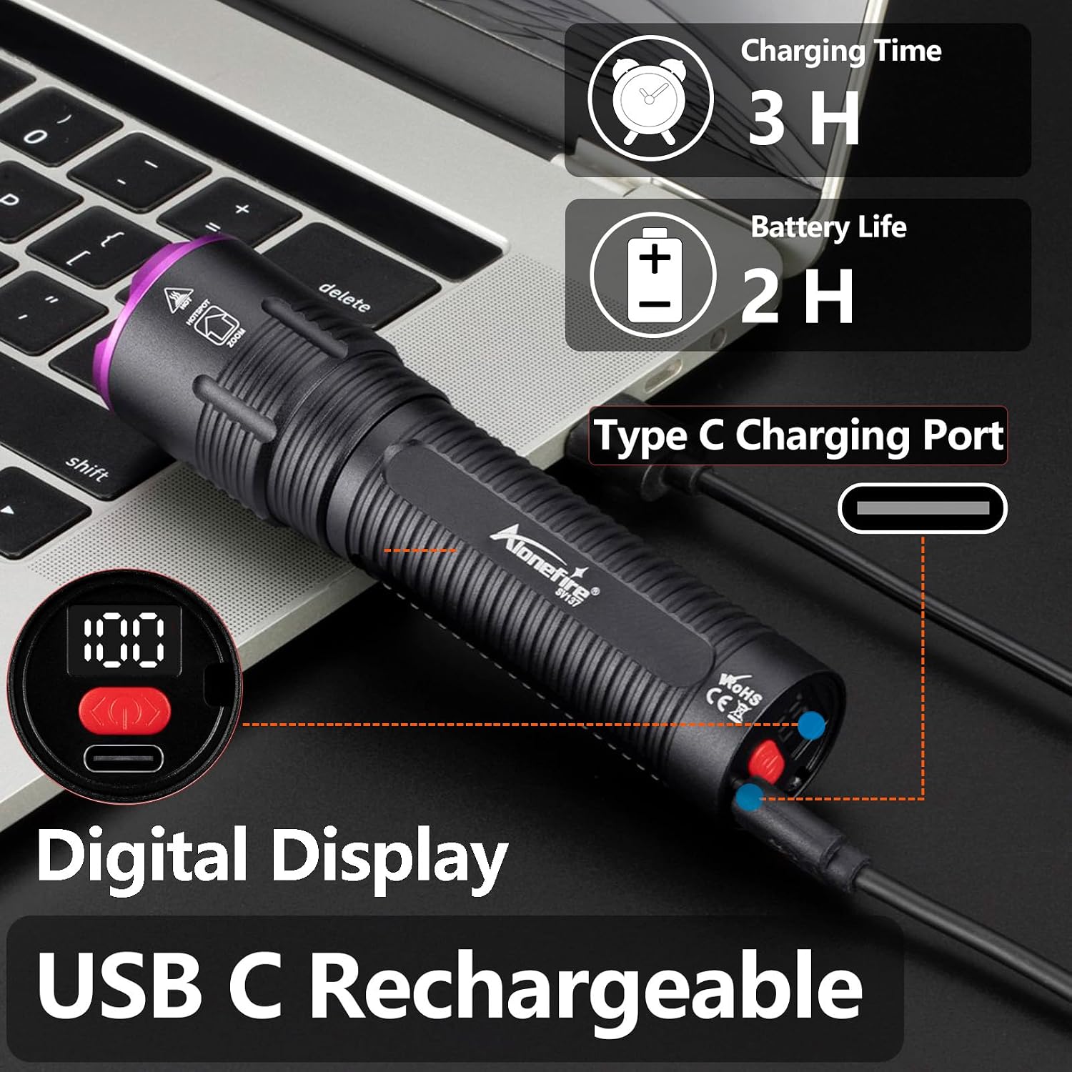 Close up of the USB-C charging port on the Alonefire SV137 pet urine detector flashlight.