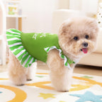 Back view of the colorful floral dog apparel highlighting the ruffle details