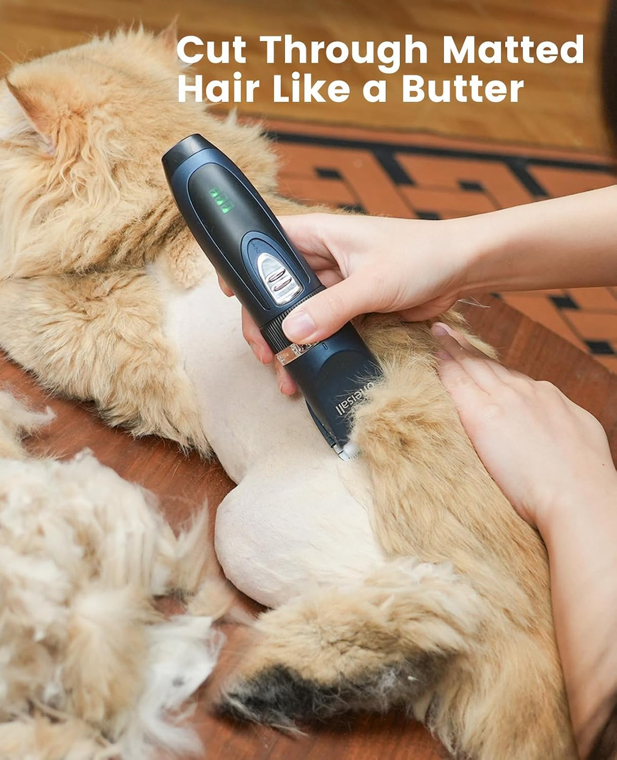 Rechargeable cat paw trimmer head showing precision titanium blades