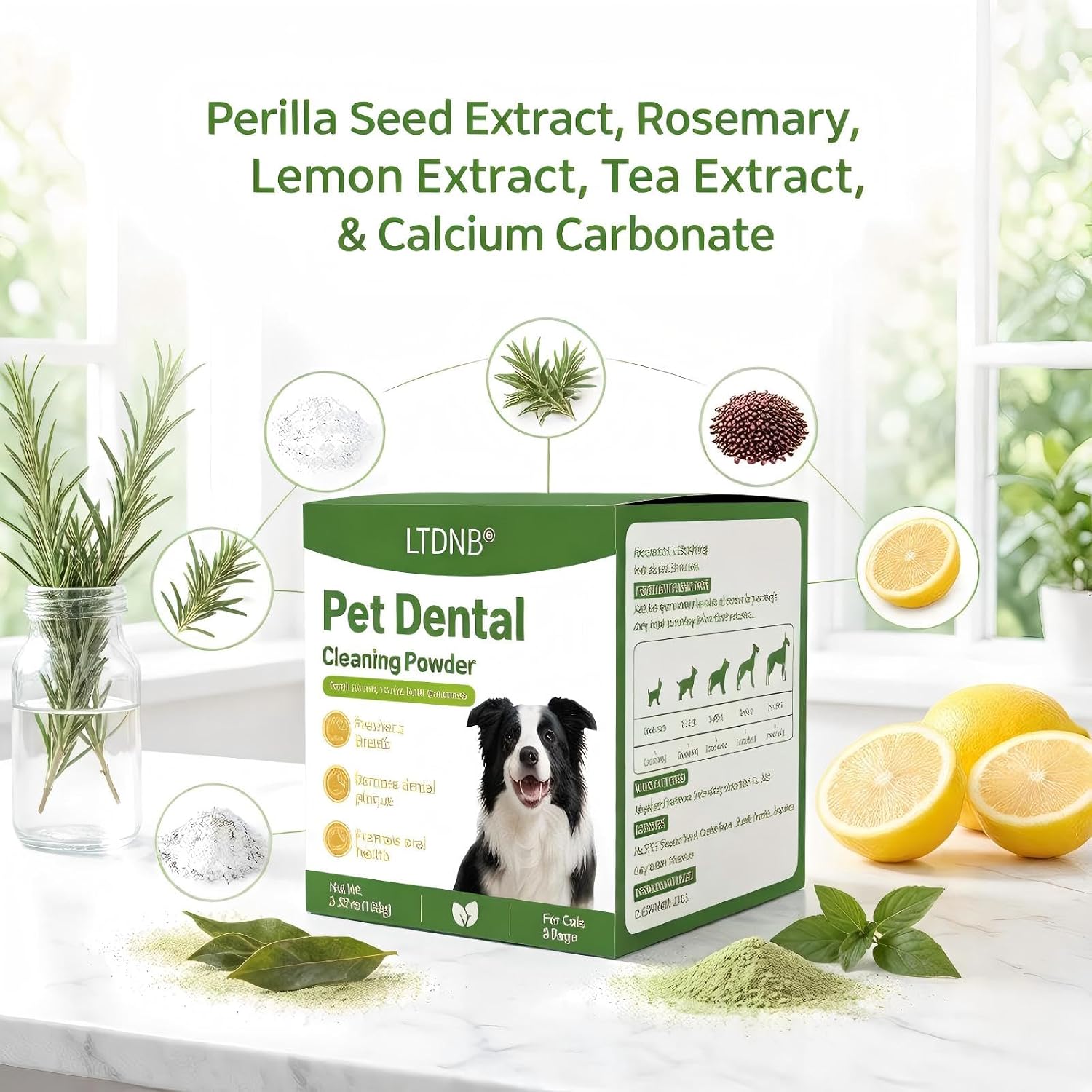 Premium dog toothbrush alternative powder showing veterinary approved formula