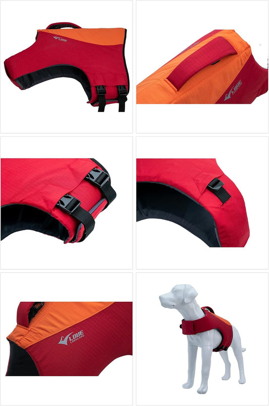 Lovelonglong dog swimming vest showing top rescue handle and secure buckles